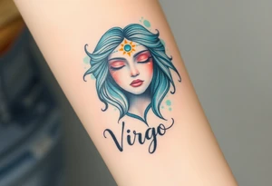 A serene goddess with closed eyes and a third eye glowing on her forehead, wrapped in a cosmic veil of turquise and mint dust with the word virgo tattoo idea