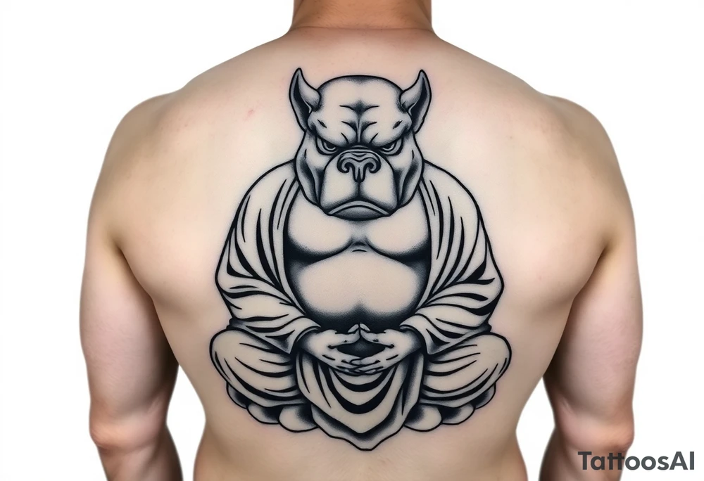 Meditating fat Buddha with pitbull head tattoo idea