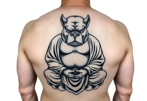 Meditating fat Buddha with pitbull head tattoo idea