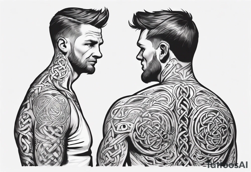 a father with his son on his shoulders from behind. A subtle design on their backs of celtic music. tattoo idea