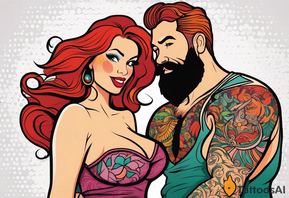 Busty Red haired woman with bearded man tattoo idea