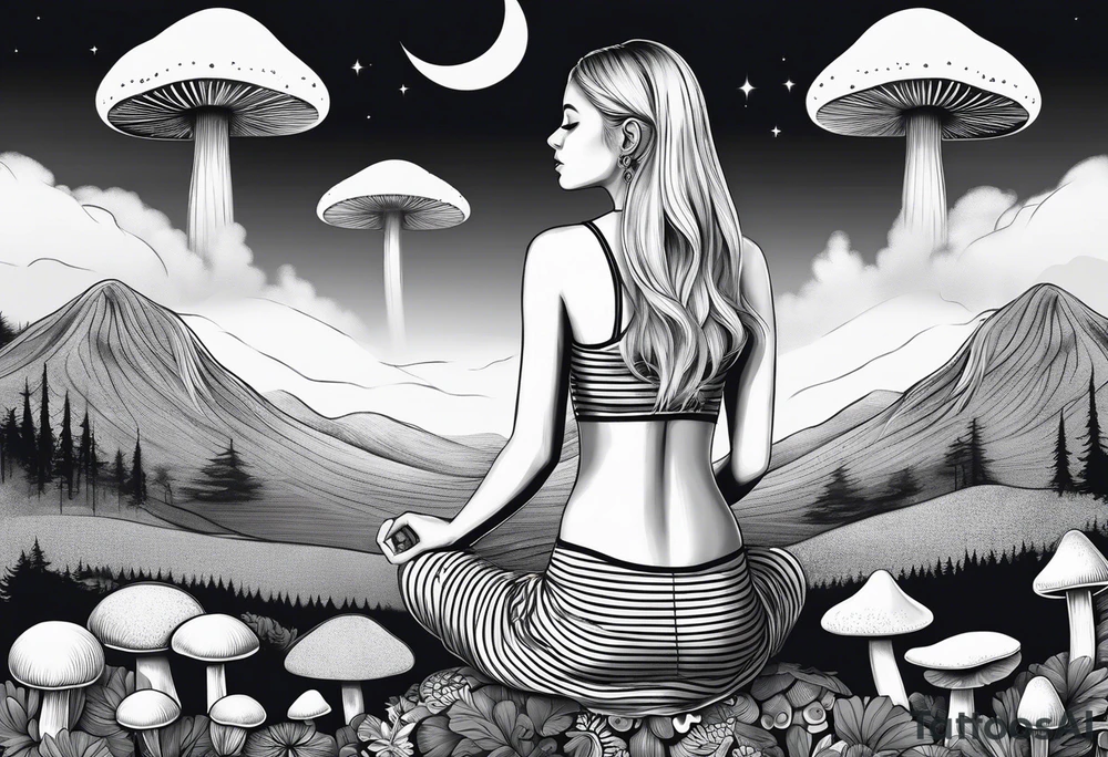 Straight blonde hair girl meditating facing away toward mountains surrounded by mushrooms crescent moon mandala circular design black and white striped dress tattoo idea
