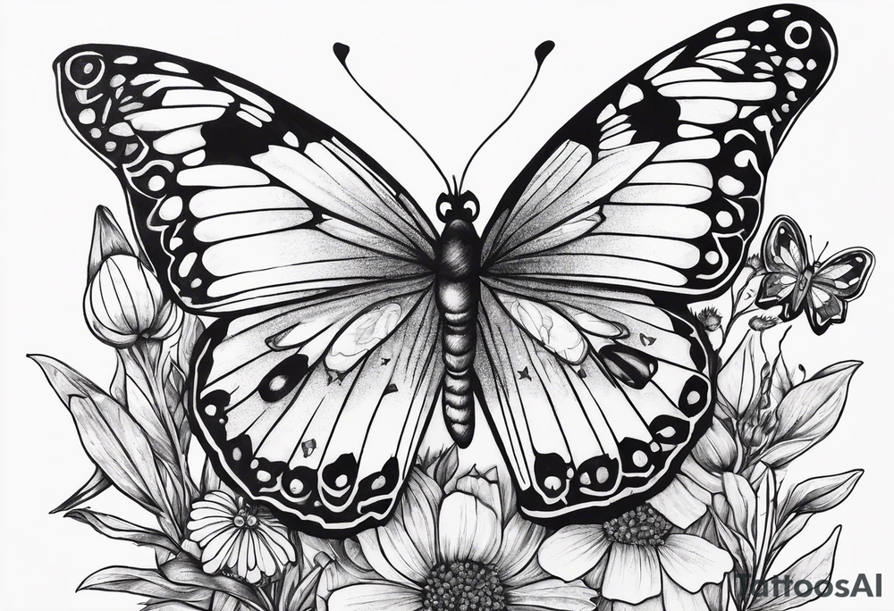 Wildflower field with "Ruby" in calligraphy font and butterflies around it tattoo idea