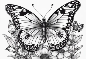 Wildflower field with "Ruby" in calligraphy font and butterflies around it tattoo idea