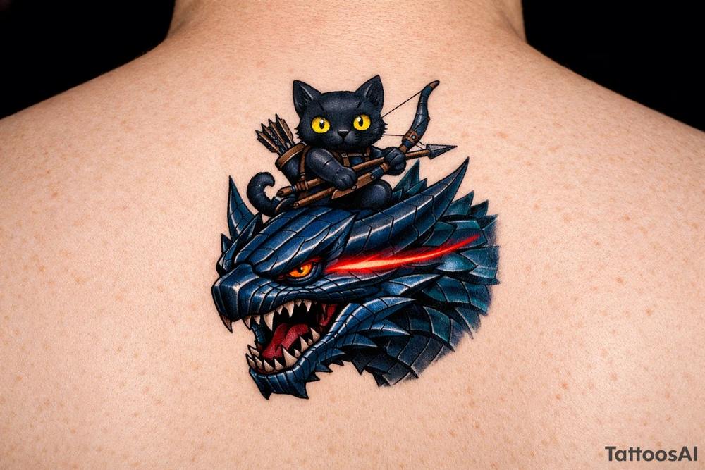 A vertical fantasy tattoo illustration of a cute black Palico feline cat riding on the back of a sleek Nargacuga wyvern dragon. The dragon must have smooth, sleek, interlocking metallic reptilian scales with an aerodynamic texture, zero fur, and zero feathers. The camera is a close-up vertical portrait showing the full cat on top holding a hunter's bow and arrow, and the dragon's snarling head and shoulders directly below it. Color palette: The dragon is colored in a rich mix of dark steel blue and deep teal gradients, with a sharp, glowing neon-red streak trailing backwards from its eye. The cat is matte black with large glowing yellow eyes. Crisp clean outlines, solid white background, stencil ready, high fantasy digital concept art. tattoo idea