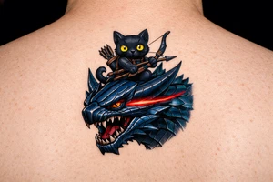 A vertical fantasy tattoo illustration of a cute black Palico feline cat riding on the back of a sleek Nargacuga wyvern dragon. The dragon must have smooth, sleek, interlocking metallic reptilian scales with an aerodynamic texture, zero fur, and zero feathers. The camera is a close-up vertical portrait showing the full cat on top holding a hunter's bow and arrow, and the dragon's snarling head and shoulders directly below it. Color palette: The dragon is colored in a rich mix of dark steel blue and deep teal gradients, with a sharp, glowing neon-red streak trailing backwards from its eye. The cat is matte black with large glowing yellow eyes. Crisp clean outlines, solid white background, stencil ready, high fantasy digital concept art. tattoo idea