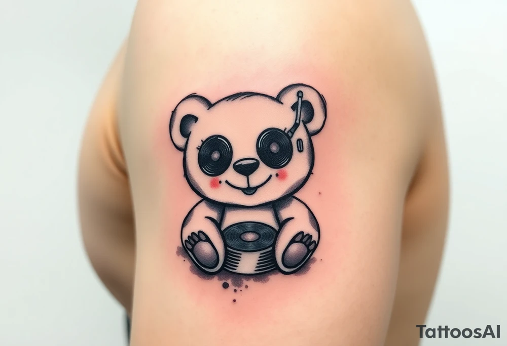 minimalist teddy bear with vinyl records as eyes smiling and sitting on a record tattoo idea