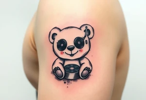 minimalist teddy bear with vinyl records as eyes smiling and sitting on a record tattoo idea