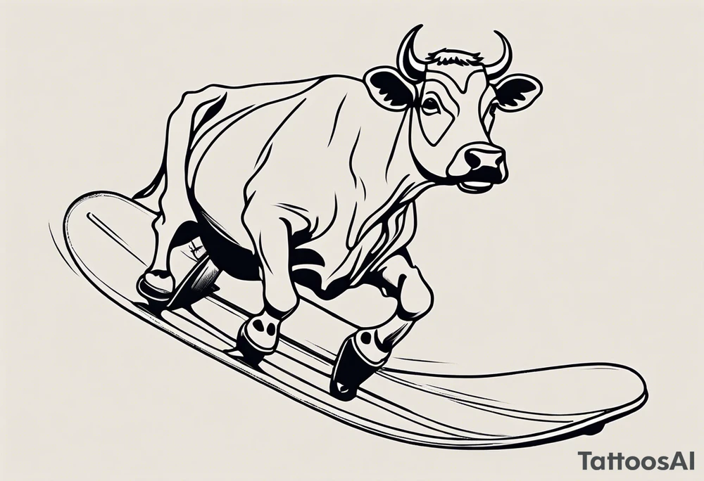 Generate a minimalist and simple black and white tattoo design featuring a joyful cow snowboarding, wearing goggles. Focus on essential lines and details to convey the playful spirit of the scene. The cow should exude confidence while effortlessly snowboarding down a snowy slope. Keep the design clean and uncluttered, suitable for a small to medium-sized tattoo space. Emphasize the charm and whimsy with the addition of goggles, ensuring the overall aesthetic remains simple and minimalistic. The goal is to create a visually appealing and easily recognizable tattoo that captures the essence of a cow enjoying a snowboarding adventure tattoo idea