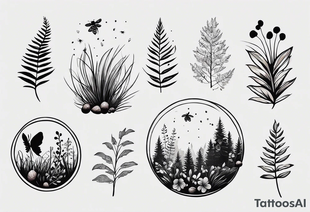 forest floor inspired minimalist tattoo, which includes grass, curly ferns, moss and dead leaves as the bulk of the tattoo. details to include: forest berries, a tiny bumblebee flying nearby, three small brown mushrooms
Generate a vertically long one tattoo idea