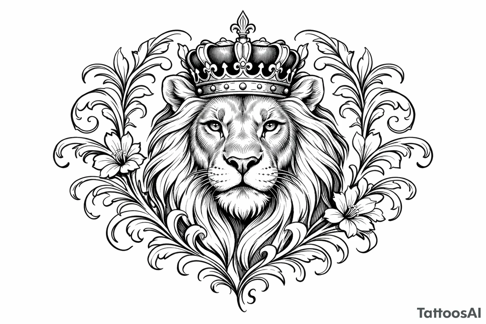 powerful majestic lion with a crown, framed by ornate floral scrollwork tattoo idea