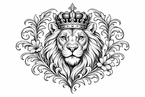 powerful majestic lion with a crown, framed by ornate floral scrollwork tattoo idea