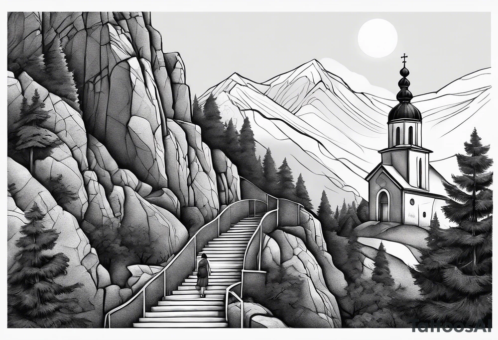 father mother and 2 kids walking up on stairs on the hill and on the top of the hill is Ostrog church build in the rock tattoo idea