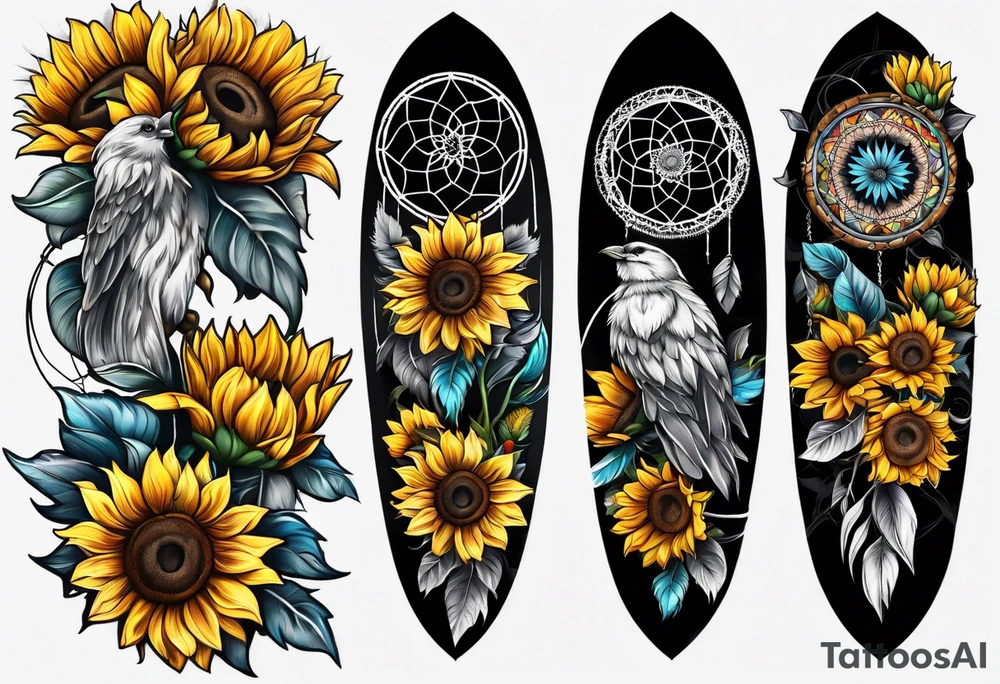 Dreamcatcher and sunflowers forearm sleeve tattoo idea