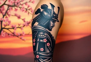 noble samurai warrior silhouette at sunset with cherry blossoms tattoo idea
