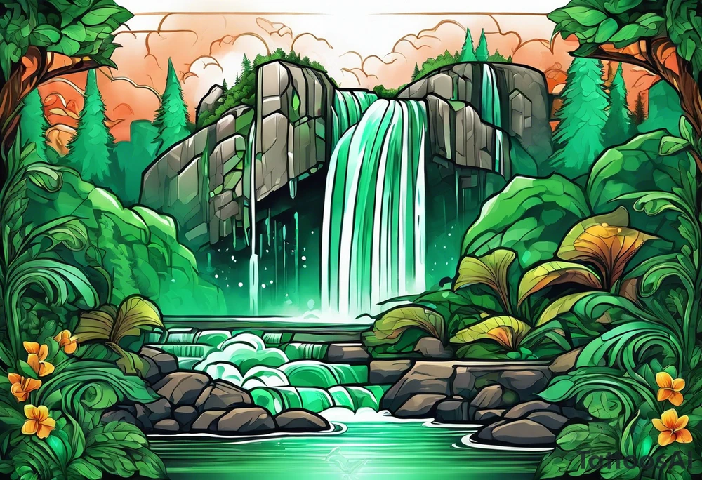 Emerald stones waterfall background tattoo idea