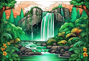 Emerald stones waterfall background tattoo idea