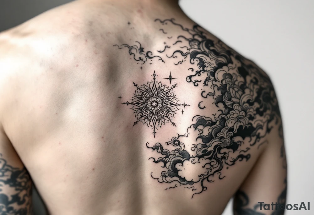 Purépecha style tattoo surrounded by Asian style clouds tattoo idea