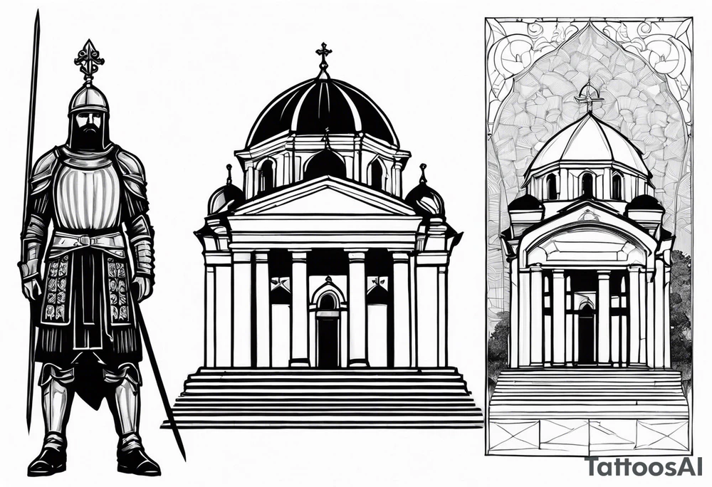 Standing serbian knight in front of the temple of saint sava in belgrade, serbia. tattoo idea