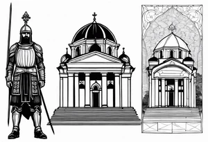 Standing serbian knight in front of the temple of saint sava in belgrade, serbia. tattoo idea