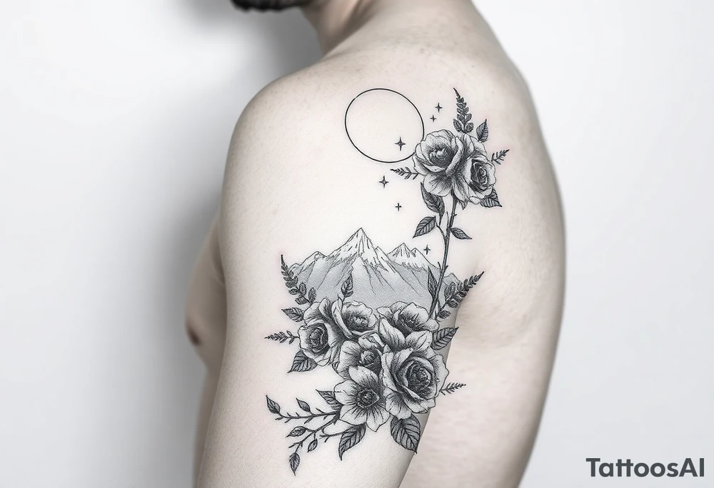 Arm and wristwrap around tattoo, with roses and wild flowers 
moon and stars mountains
Feminine tattoo idea
