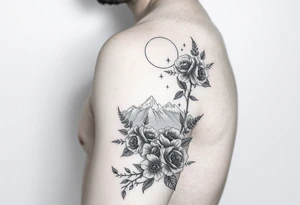 Arm and wristwrap around tattoo, with roses and wild flowers 
moon and stars mountains
Feminine tattoo idea