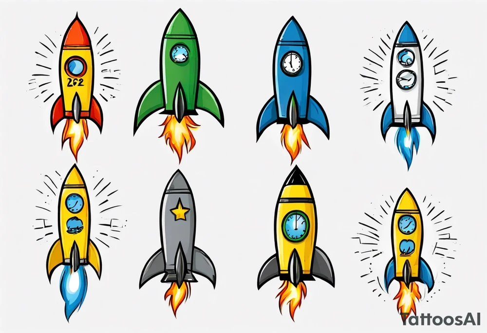 Simple cartoon rocket in green, gray, yellow, blue. Fire coming out the rocket. Black ring around the rocket with "26.2" written at the 10 o-clock position tattoo idea