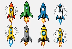 Simple cartoon rocket in green, gray, yellow, blue. Fire coming out the rocket. Black ring around the rocket with "26.2" written at the 10 o-clock position tattoo idea