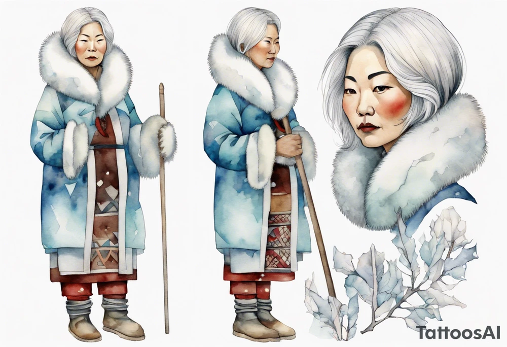 a middle aged Inuit woman with white hair, wearing fur mittens, holding a white staff, wearing mukluks, standing on an iceberg tattoo idea