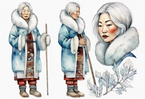 a middle aged Inuit woman with white hair, wearing fur mittens, holding a white staff, wearing mukluks, standing on an iceberg tattoo idea