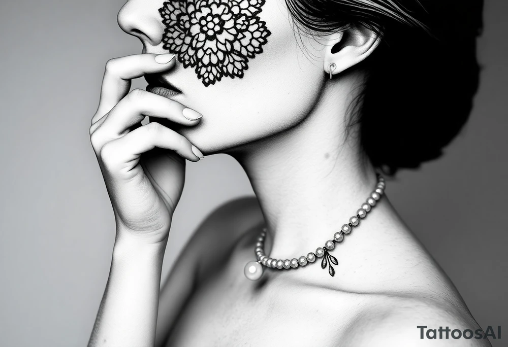 Black and white profile of woman with chin pressed on hand, lace covering  her eyes as and pearl necklace siting in her.mouth tattoo idea