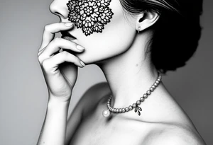 Black and white profile of woman with chin pressed on hand, lace covering  her eyes as and pearl necklace siting in her.mouth tattoo idea