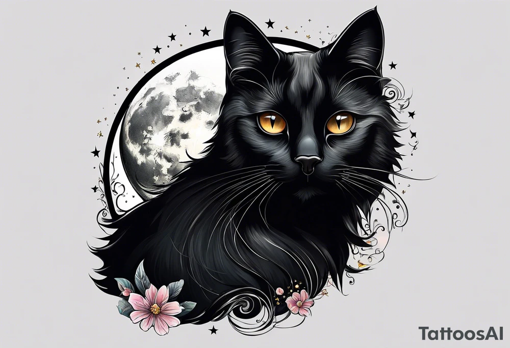 Photo realistic black cat head with moon and stars tattoo idea