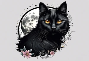 Photo realistic black cat head with moon and stars tattoo idea