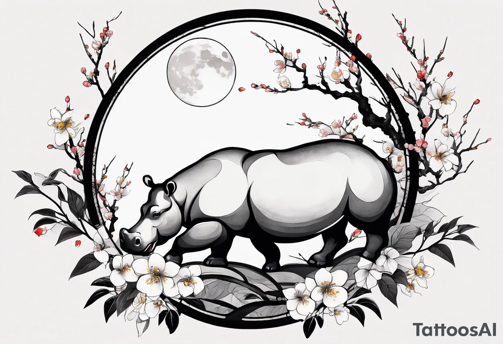 Asymmetrical, geometric, chinese ink art touch, hippo , full moon, wintersweet flower, light , modify from my favourite, s-shape tattoo idea