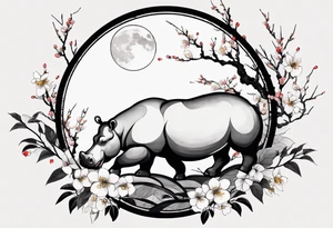 Asymmetrical, geometric, chinese ink art touch, hippo , full moon, wintersweet flower, light , modify from my favourite, s-shape tattoo idea
