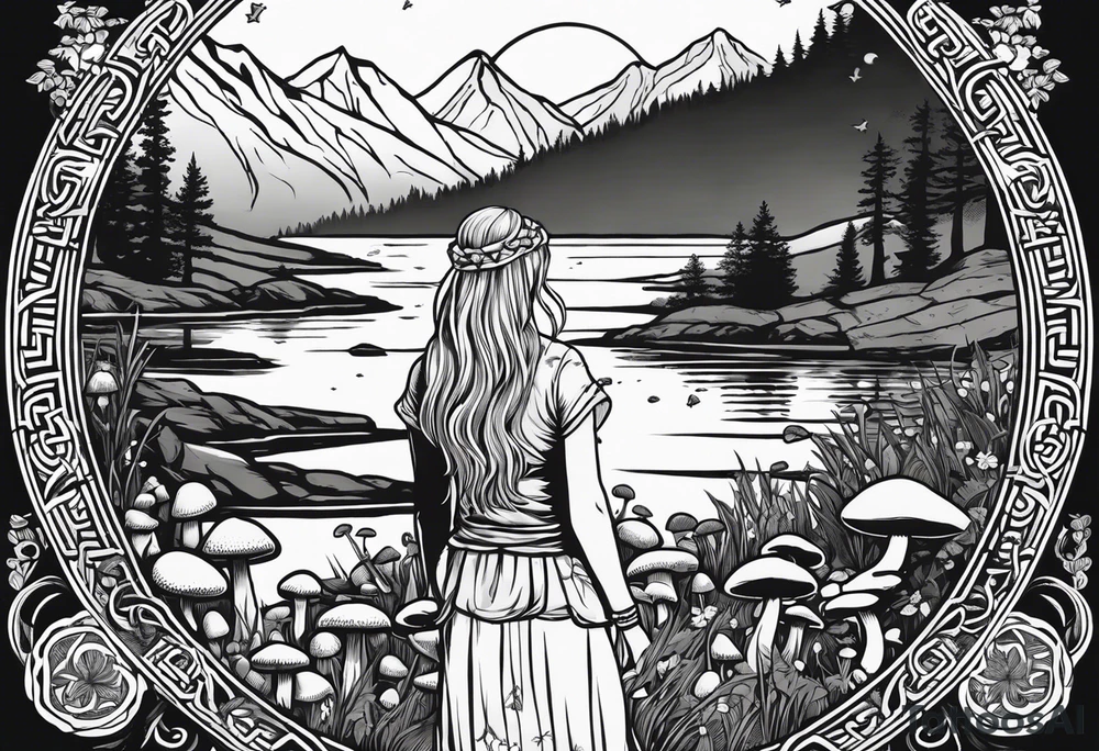 Whole picture encircled fully

Straight long blonde hair celestial girl in distance holding mushrooms in hand facing away toward mountains and creek surrounded by mushrooms long sleeve shirt and hiking pants; whole rendering within a full celtic circle border, no cut off circle tattoo idea