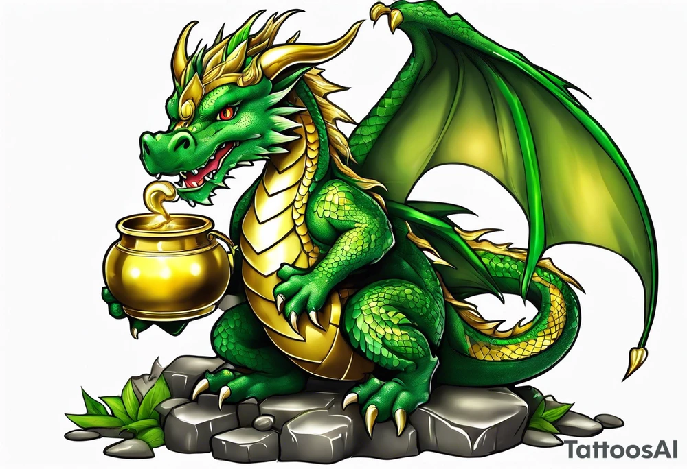 Green dragon holding a pot of gold tattoo idea