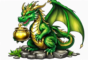 Green dragon holding a pot of gold tattoo idea