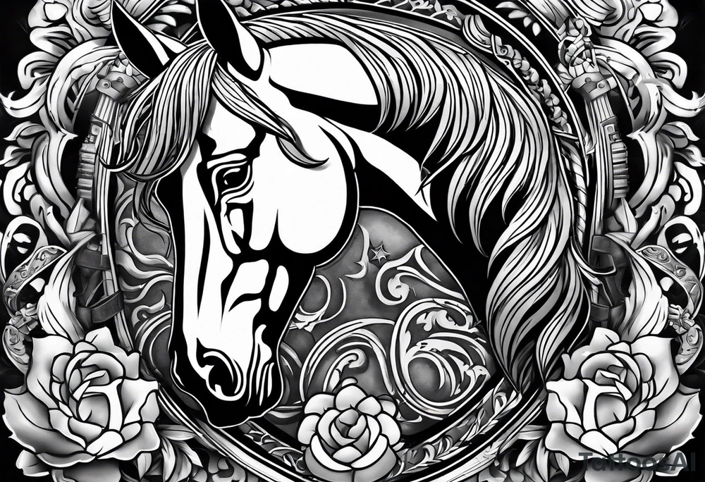black and white tattoo mix of horse and guns tattoo idea