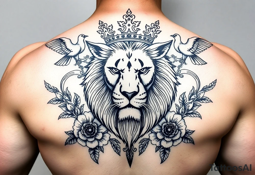 powerful majestic lion with a crown, surrounded by floral ornaments and birds tattoo idea