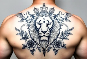 powerful majestic lion with a crown, surrounded by floral ornaments and birds tattoo idea