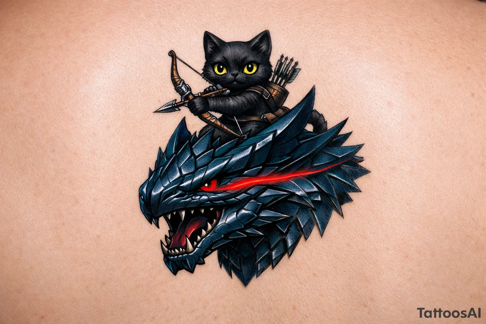 A vertical fantasy tattoo illustration of a cute black Palico feline cat riding on the back of a sleek Nargacuga wyvern dragon. The dragon must have smooth, sleek, interlocking metallic reptilian scales with an aerodynamic texture, zero fur, and zero feathers. The camera is a close-up vertical portrait showing the full cat on top holding a hunter's bow and arrow, and the dragon's snarling head and shoulders directly below it. Color palette: The dragon is colored in a rich mix of dark steel blue and deep teal gradients, with a sharp, glowing neon-red streak trailing backwards from its eye. The cat is matte black with large glowing yellow eyes. Crisp clean outlines, solid white background, stencil ready, high fantasy digital concept art. tattoo idea