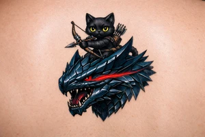 A vertical fantasy tattoo illustration of a cute black Palico feline cat riding on the back of a sleek Nargacuga wyvern dragon. The dragon must have smooth, sleek, interlocking metallic reptilian scales with an aerodynamic texture, zero fur, and zero feathers. The camera is a close-up vertical portrait showing the full cat on top holding a hunter's bow and arrow, and the dragon's snarling head and shoulders directly below it. Color palette: The dragon is colored in a rich mix of dark steel blue and deep teal gradients, with a sharp, glowing neon-red streak trailing backwards from its eye. The cat is matte black with large glowing yellow eyes. Crisp clean outlines, solid white background, stencil ready, high fantasy digital concept art. tattoo idea
