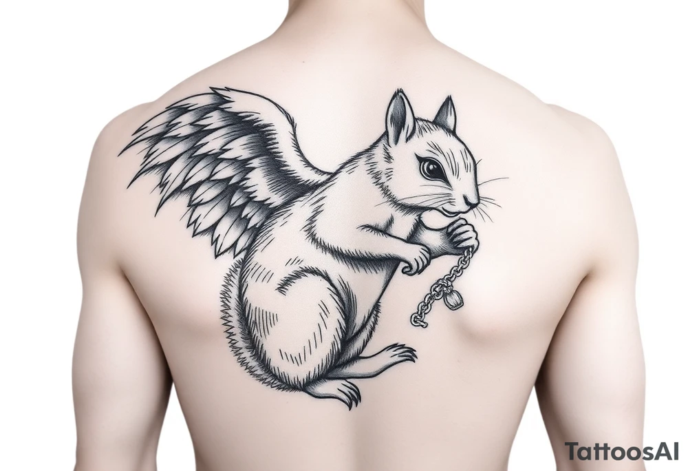 Angel squirrel holding a silver chain bracelet tattoo idea