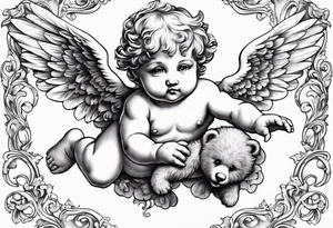 renaissance style cherub flying with teddy bear tattoo idea
