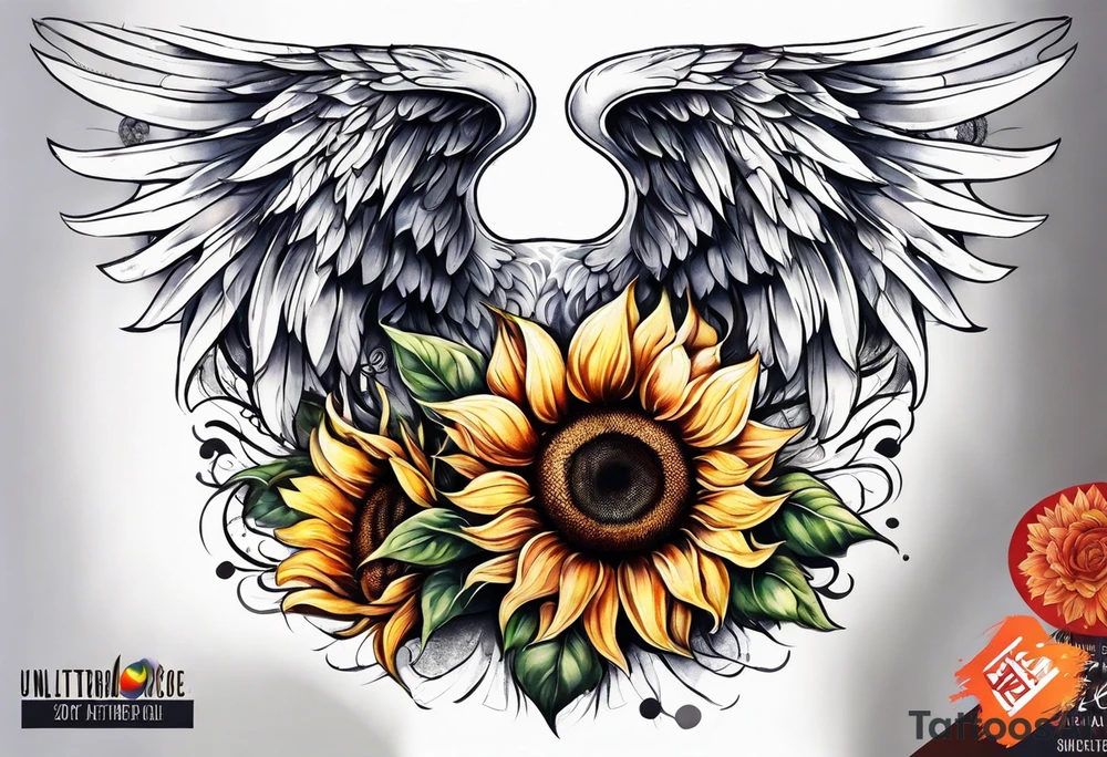 Sunflowers and angel wings leg sleeve tattoo idea