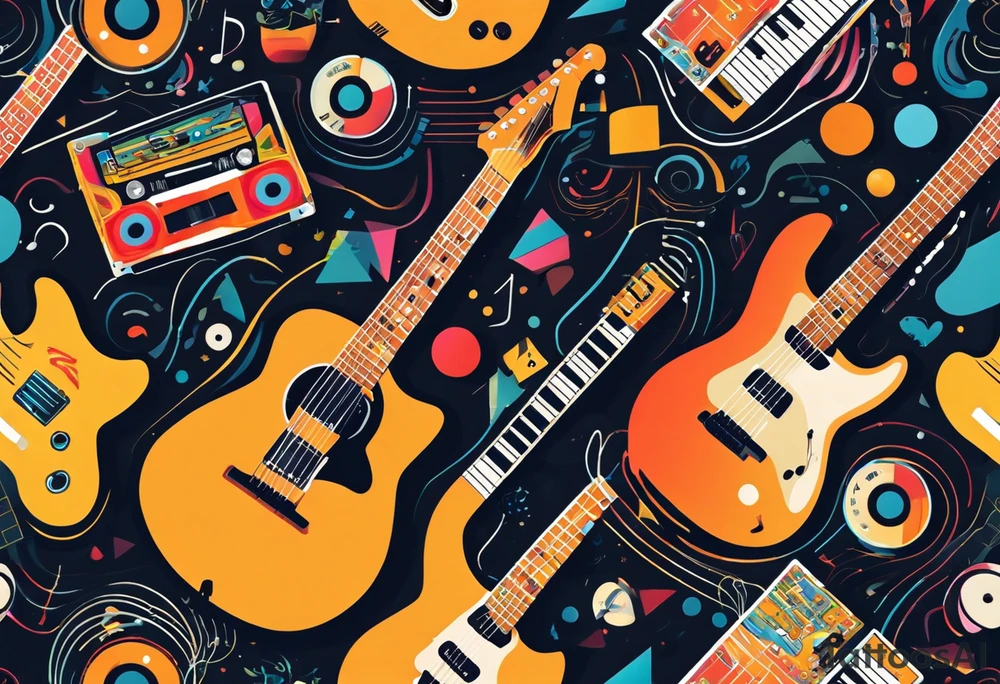 A stylized assembly of various music-related elements. At the center is a cassette tape with realistic details and proportions. It is overlaid with a keyboard, the keys extending outward on one side. There are electric guitars and drums. Intertwined with these are abstract designs, including straight and wavy lines, geometric shapes like triangles, and scientific elements like an atom model. tattoo idea