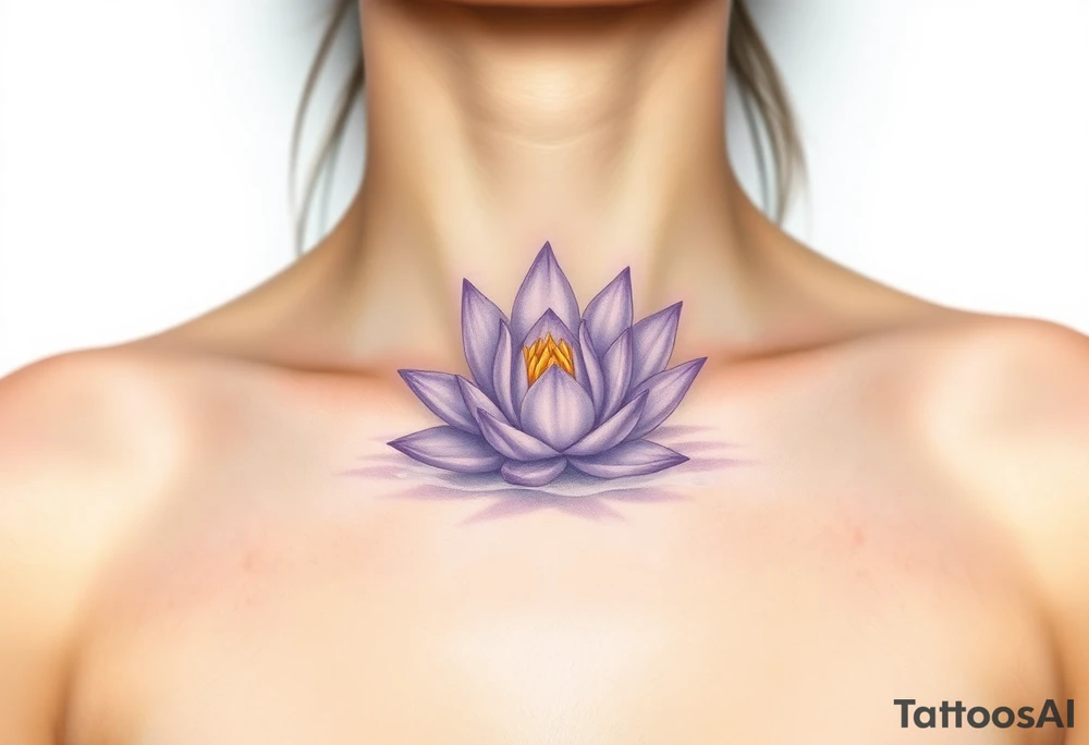 A delicate water lily with lavender-colored petals, surrounded by ethereal gold accents and floating gracefully in a misty, light-gray water, representing spiritual connection tattoo idea