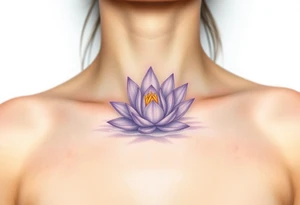 A delicate water lily with lavender-colored petals, surrounded by ethereal gold accents and floating gracefully in a misty, light-gray water, representing spiritual connection tattoo idea